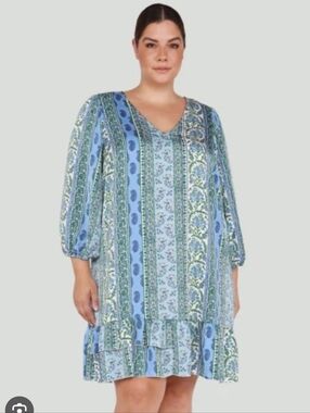 Dex V-Neck Shift Dress Blue Green Paisley Floral Patchwork Stripe Size 1X Boho